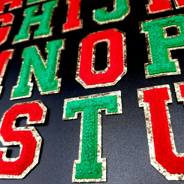 Gold Trim 8cm Christmas Deep Green Chenille Iron-On Patch Letters