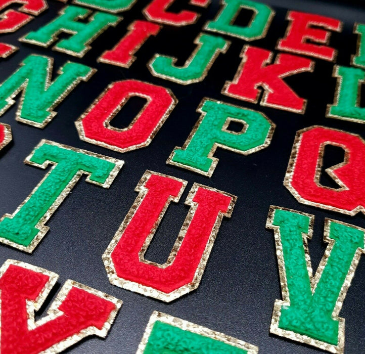 Gold Trim 5cm Christmas Deep Green Chenille Iron-On Patch Letters