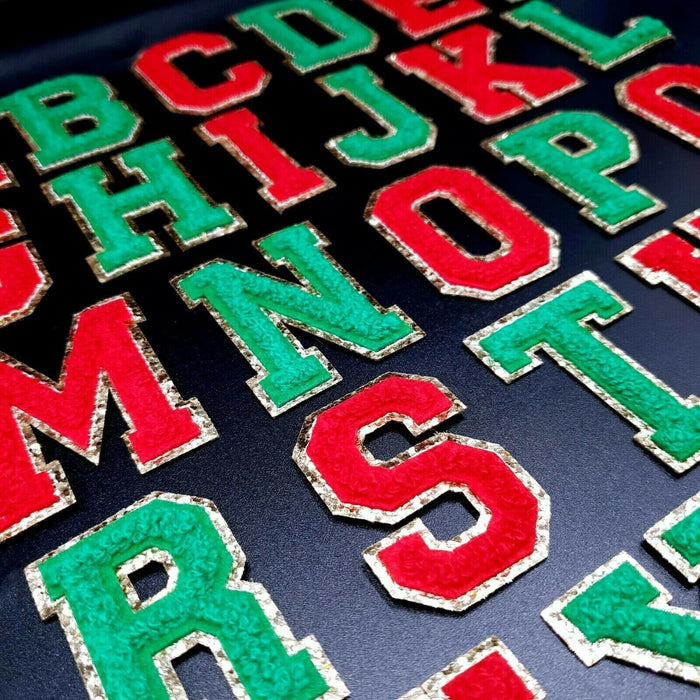 Gold Trim 8cm Christmas Deep Green Chenille Iron-On Patch Letters