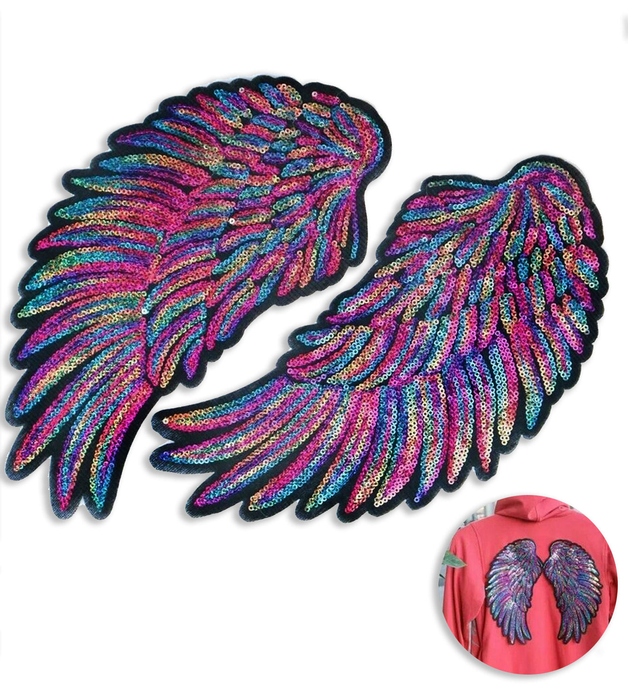 Large 26cm Angel Wings Sequin Iron On Patches — Patches R Us 0012