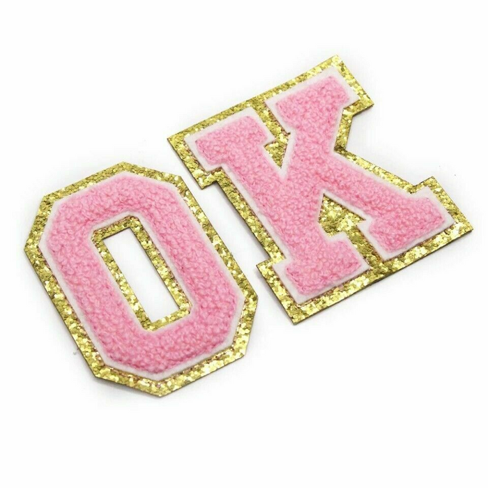 Pink & Gold Trim 8cm Chenille Iron-On Patch Letters