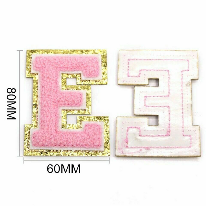 Pink & Gold Trim 8cm Chenille Iron-On Patch Letter E
