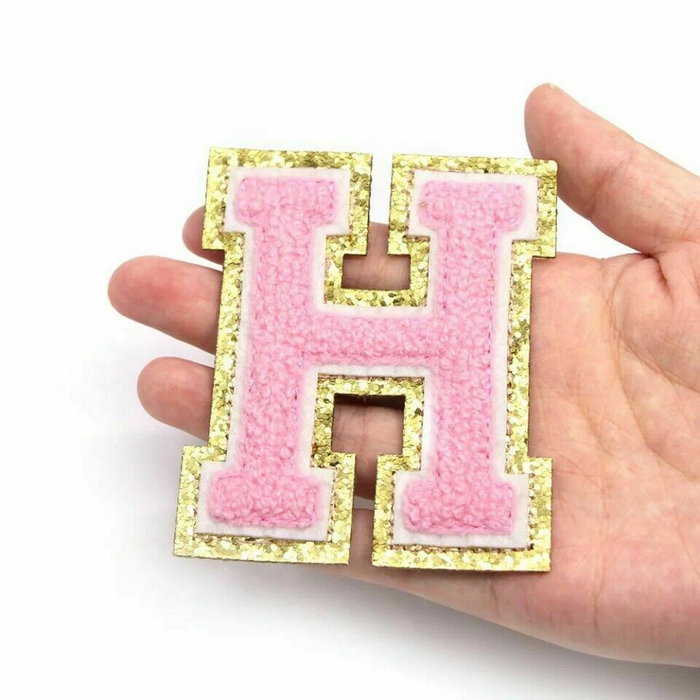 Pink & Gold Trim 8cm Chenille Iron-On Patch Letter H