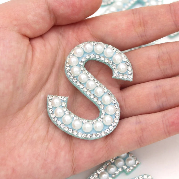 White Pearl Blue Rhinestone 4.6cm Iron-On Patch Letter S