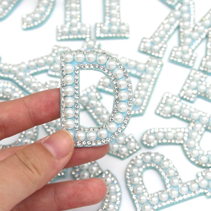 White Pearl Blue Rhinestone 4.6cm Iron-On Patch Letter D