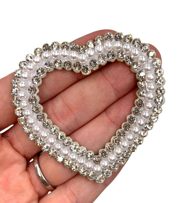 Pearl Silver & AB Rhinestone Heart 6.5cm Iron-On Patches