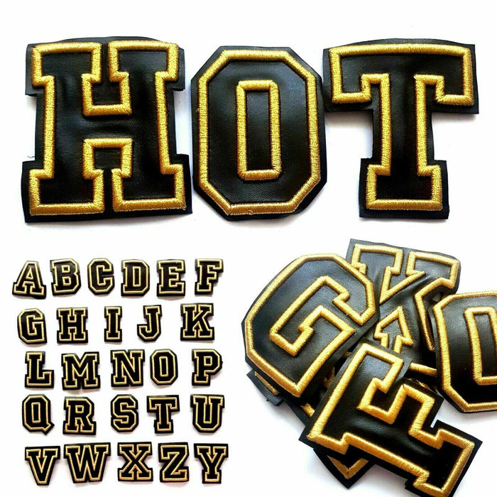 Gold Black Leather 8cm Sew On Patch Letters