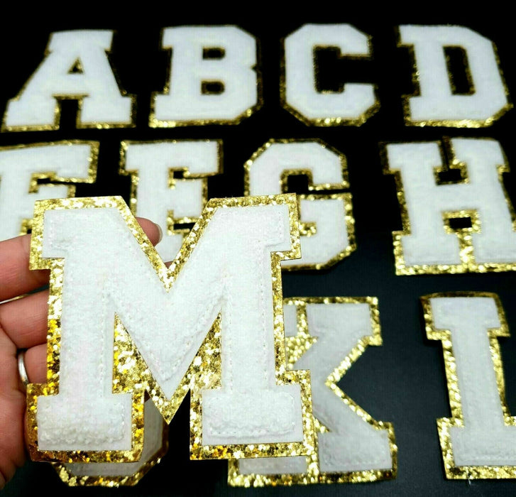 White Chenille Gold Trim 8.5cm Iron-On Patch Letter M