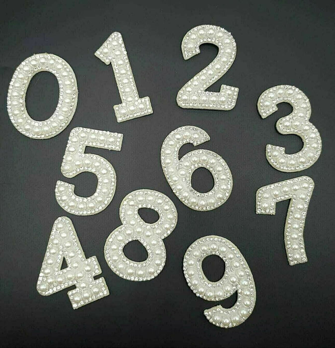 White Pearl Silver Rhinestone 4.6cm Iron On Patch Numbers