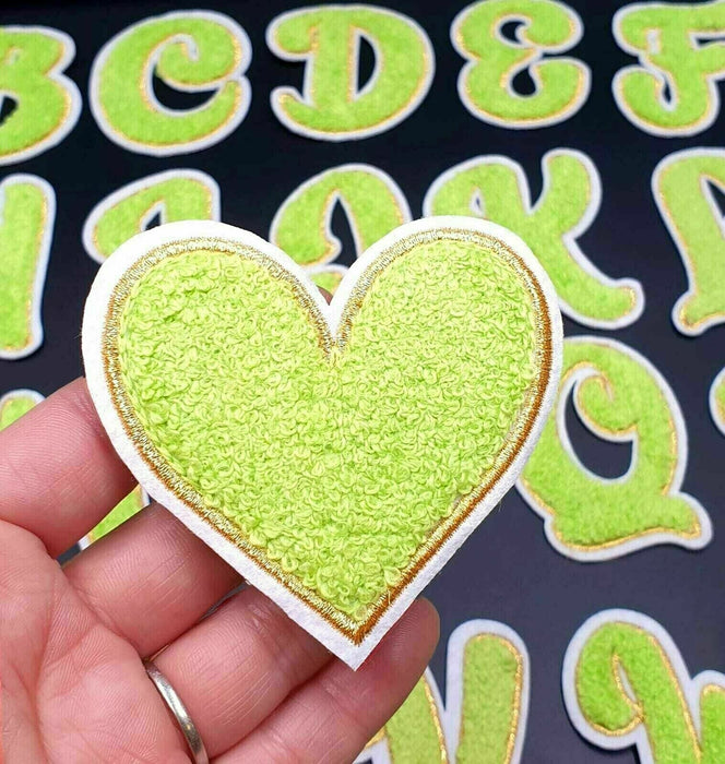 Light Green Gold Trim 7cm Iron On Chenille Patch Heart