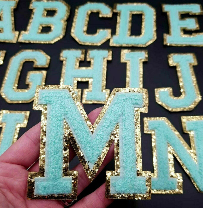 Green Chenille Gold Trim 8cm Iron-On Patch Letter M