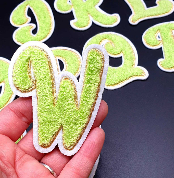 Light Green Gold Trim 7cm Iron On Chenille Patch Letter W