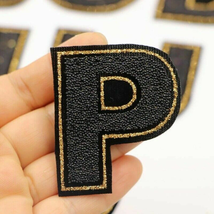 Black Gold Trim Sparkle 5.5cm Iron On Patch Letter P