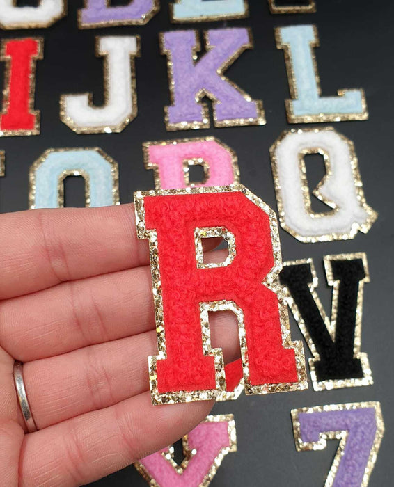 Red Chenille Gold Trim 5cm Iron-On Patch Letter R