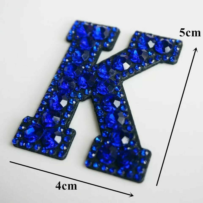 Blue Sparkle Rhinestone 5.5cm Iron On Patch Letter K