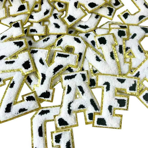 Animal Print White Chenille Gold Trim 8cm Iron-On Patch Letters