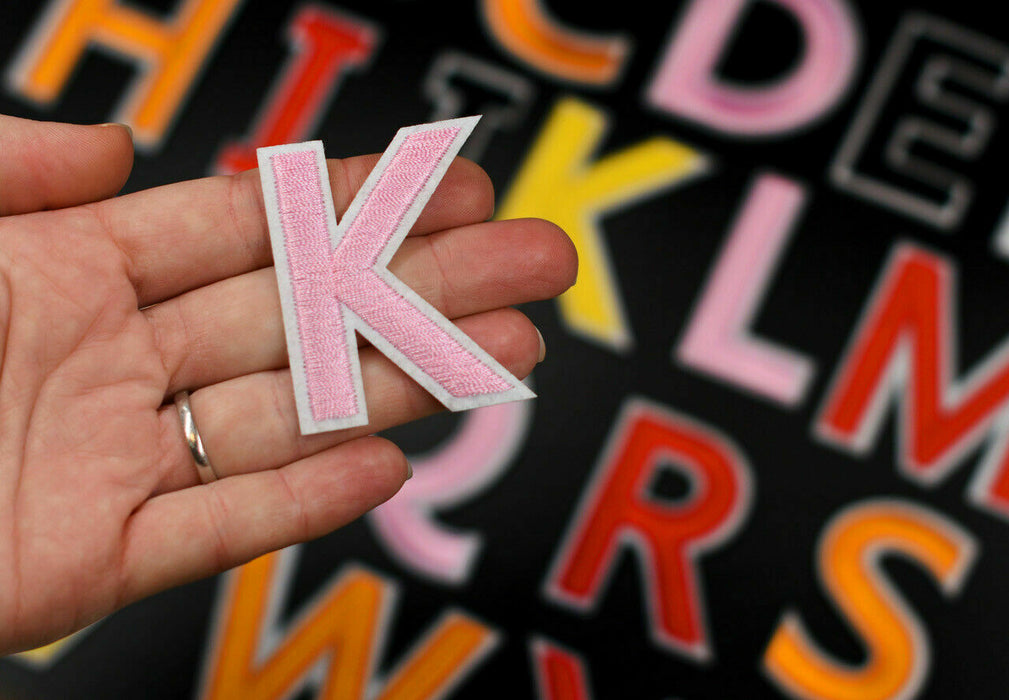 Large Pink Embroidered Iron On Patch Letter K