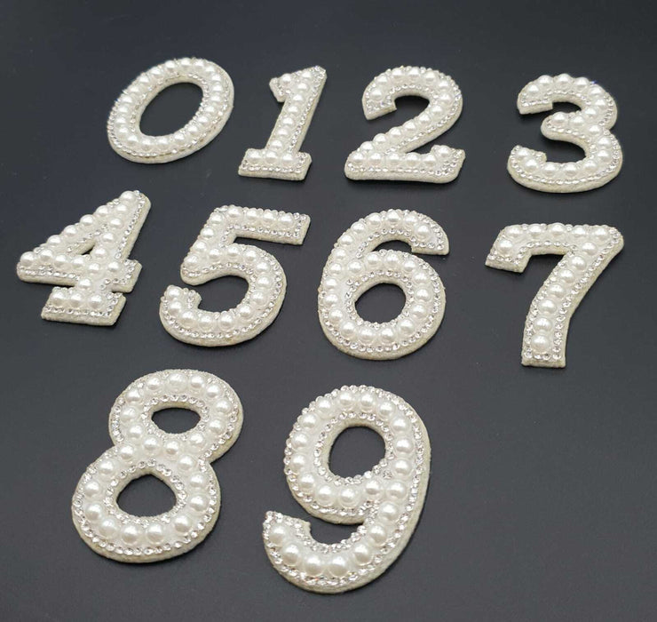 White Pearl Silver Rhinestone 4.6cm Iron On Patch Numbers