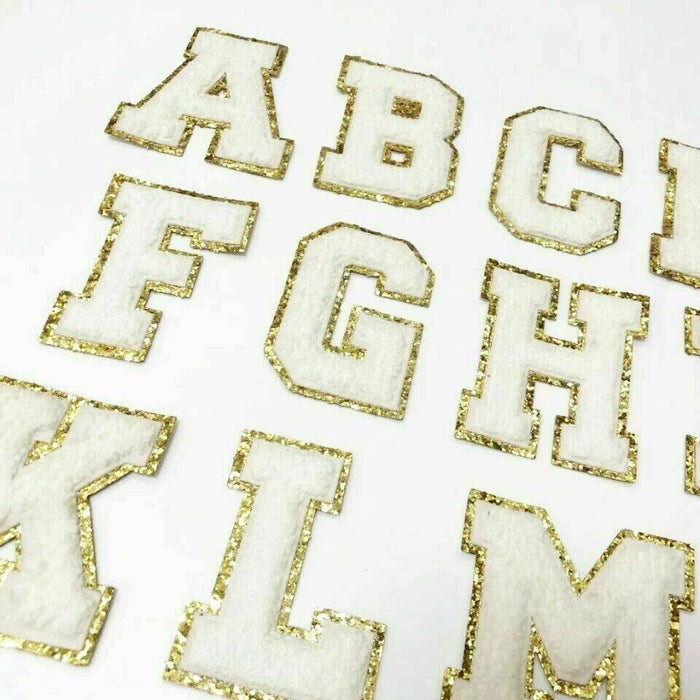 White Chenille Gold Trim 8.5cm Iron-On Patch Letters