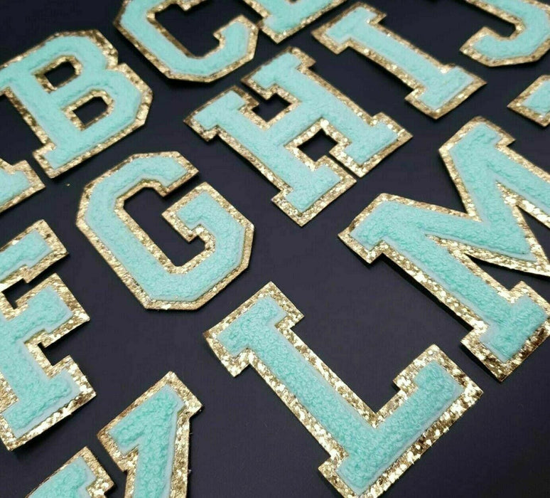 Green Chenille Gold Trim 8cm Iron-On Patch Letters