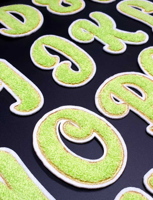 Light Green Gold Trim 7cm Iron On Chenille Patch Letters