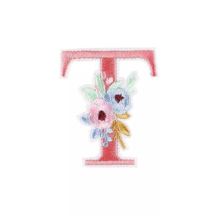 Pink Secret Garden Flower Embroidered 4.6cm Iron On Patch Letter T