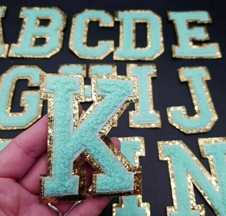 Green Chenille Gold Trim 8cm Iron-On Patch Letter K