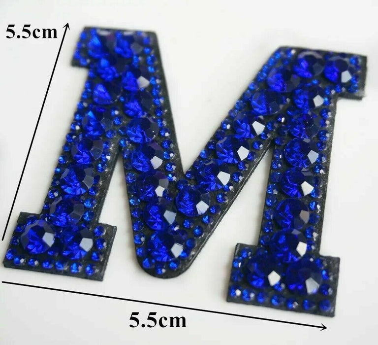 Blue Sparkle Rhinestone 5.5cm Iron On Patch Letter M