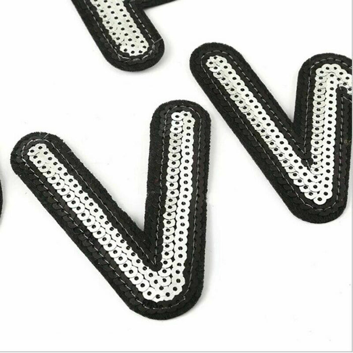 Large Silver Sequin 7.8cm Iron-On Patch Letter V