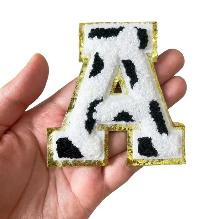 Animal Print White Chenille Gold Trim 8cm Iron-On Patch Letter A