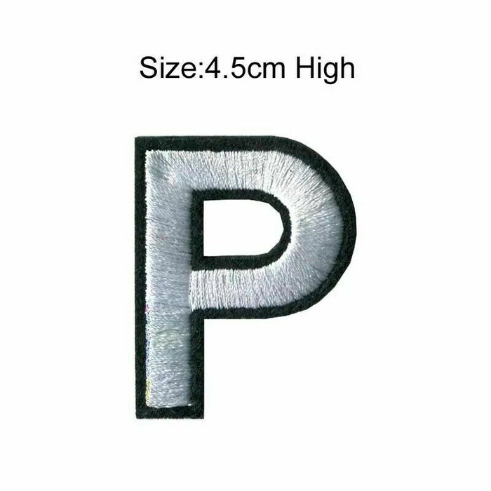 Silver Embroidered 4.5cm Iron On Patch Letter P