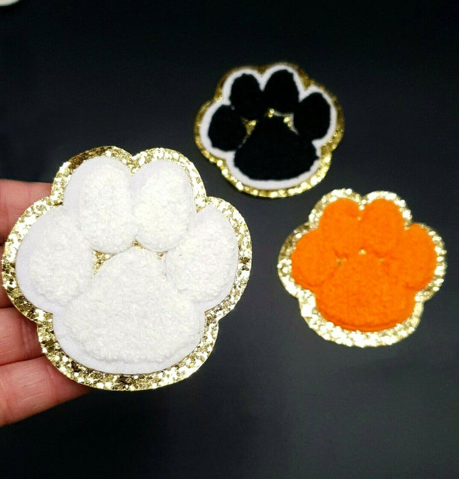 Chenille Gold Trim Paw Print 6.6cm Iron On Patches