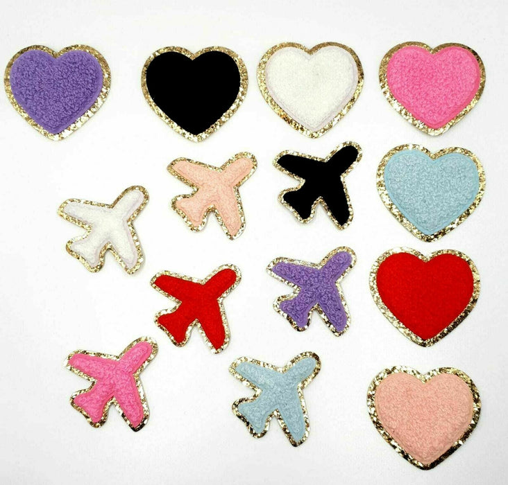 Planes & Hearts Gold Trim Chenille Iron-On Patches