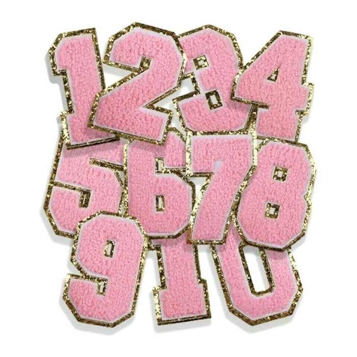 Pink Chenille Gold Trim 8cm Iron-On Patch Numbers