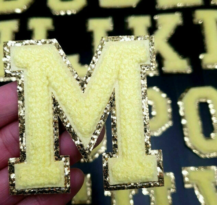 Yellow Chenille Gold Trim 6.2cm Iron-On Patch Letters M