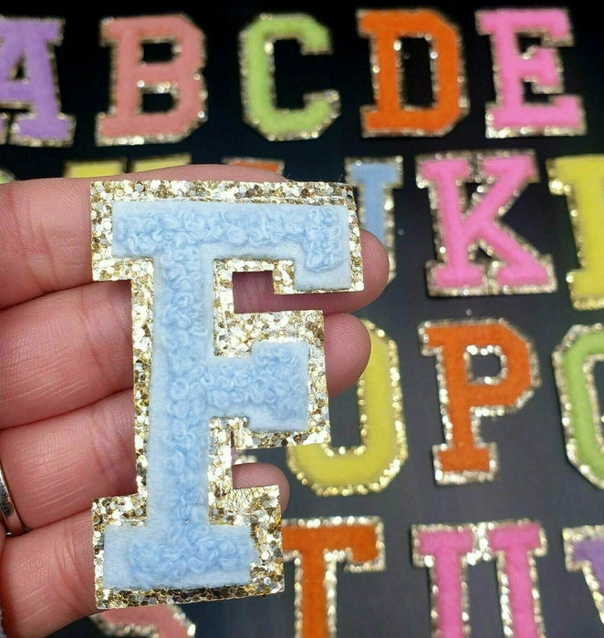 Sky Blue Chenille Gold Trim 6.2cm Iron-On Patch Letters F