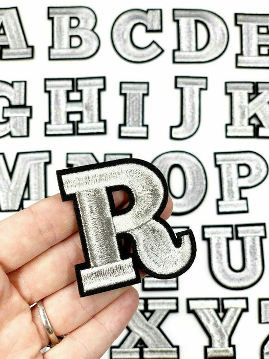 Silver Embroidered 5.5cm Iron-On Patch Letter R